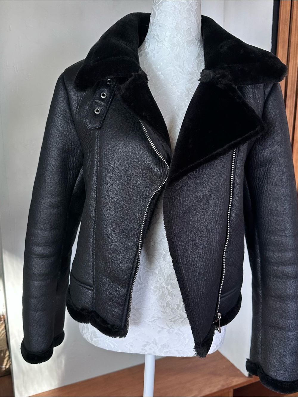 Black Faux Shearling Biker Jacket - Women's Coat